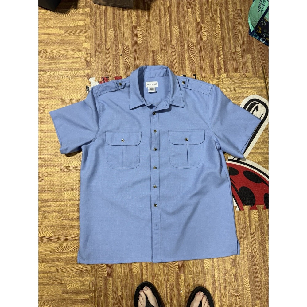 John Blair Mens Short Sleeve Button Up Shirt Light Blue Utility Pockets Size XL